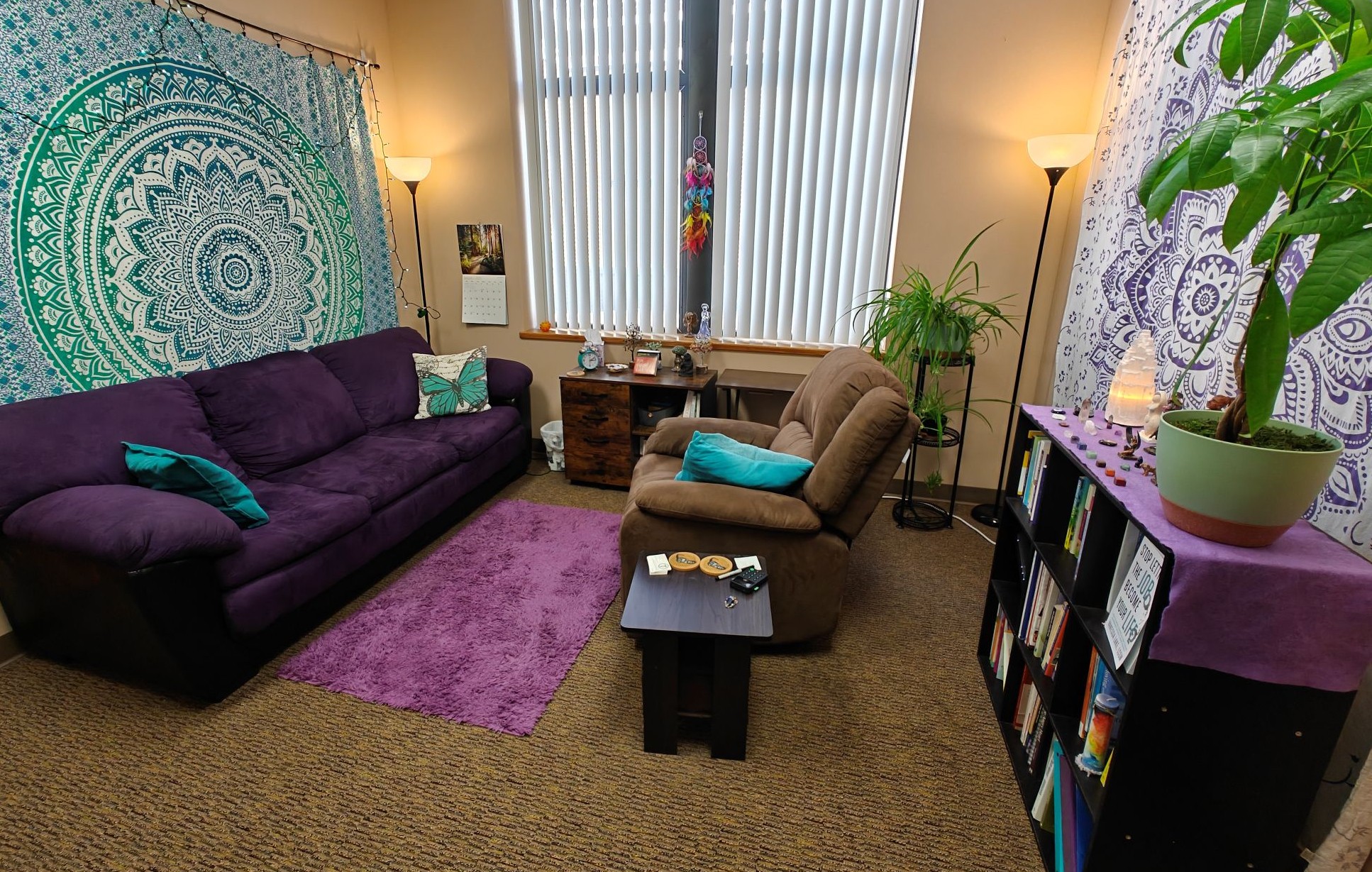 office client meeting room with purple couch